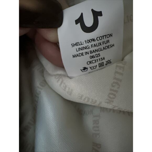 True Religion Trapper Hat Dark Blue Cotton Faux Fur Horseshoe Pockets Chin Strap - Picture 10 of 10